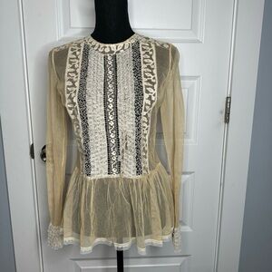 Oscar de la Renta Vintage Lace Mesh Ruffle Top in Ivory Women's Size 10